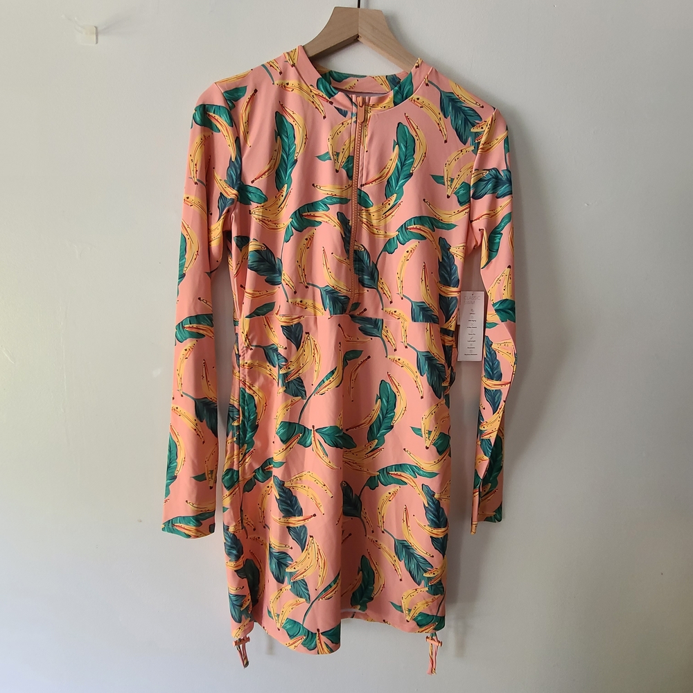 Palm Leaf & Bananas Mott 50 Sonja Swim Dress - UPF 50+, Zip Neck, Long Sleeve